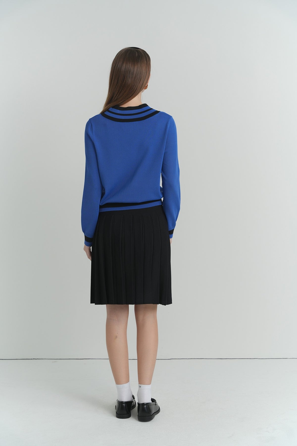 V-Neck Cricket Sweater in Cobalt And Black – on model – ALEEZA PARIS