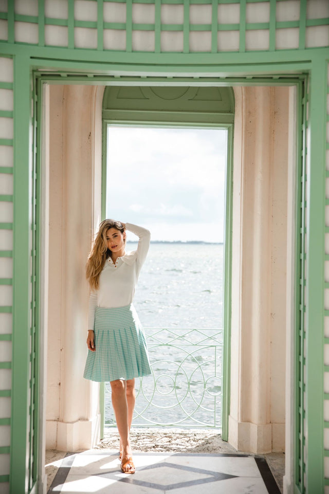 Pleated Houndstooth Wonder Skirt Aqua & White
