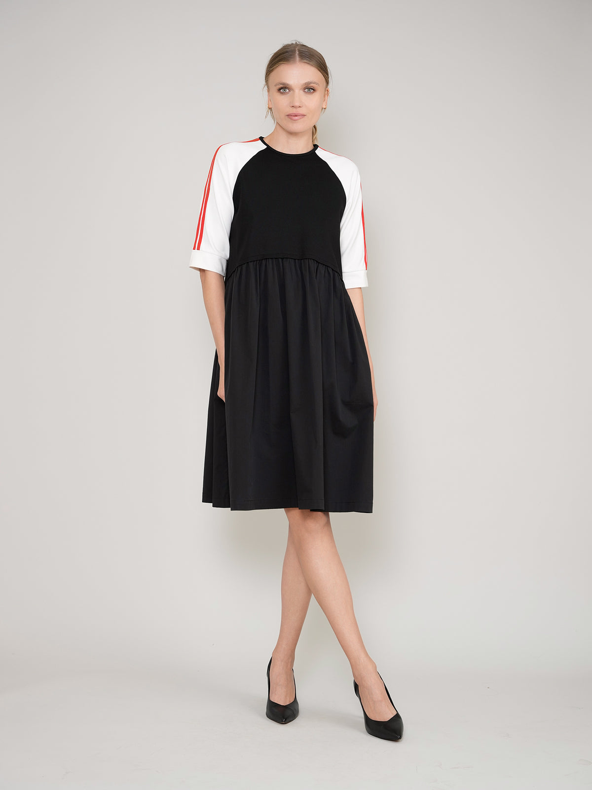 Aleeza Paris Black Dress with Red Strip on Sleeve – modest dress in Black