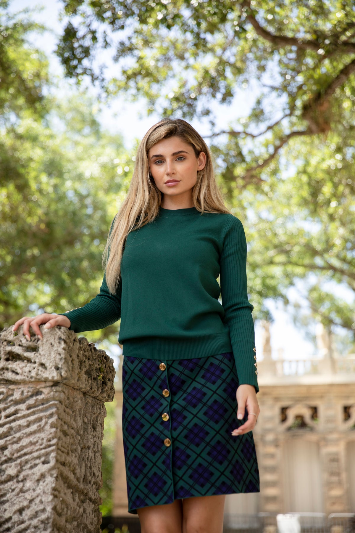 Aleeza Paris Checkerboard Button Skirt 26" Green – modest skirt in Green