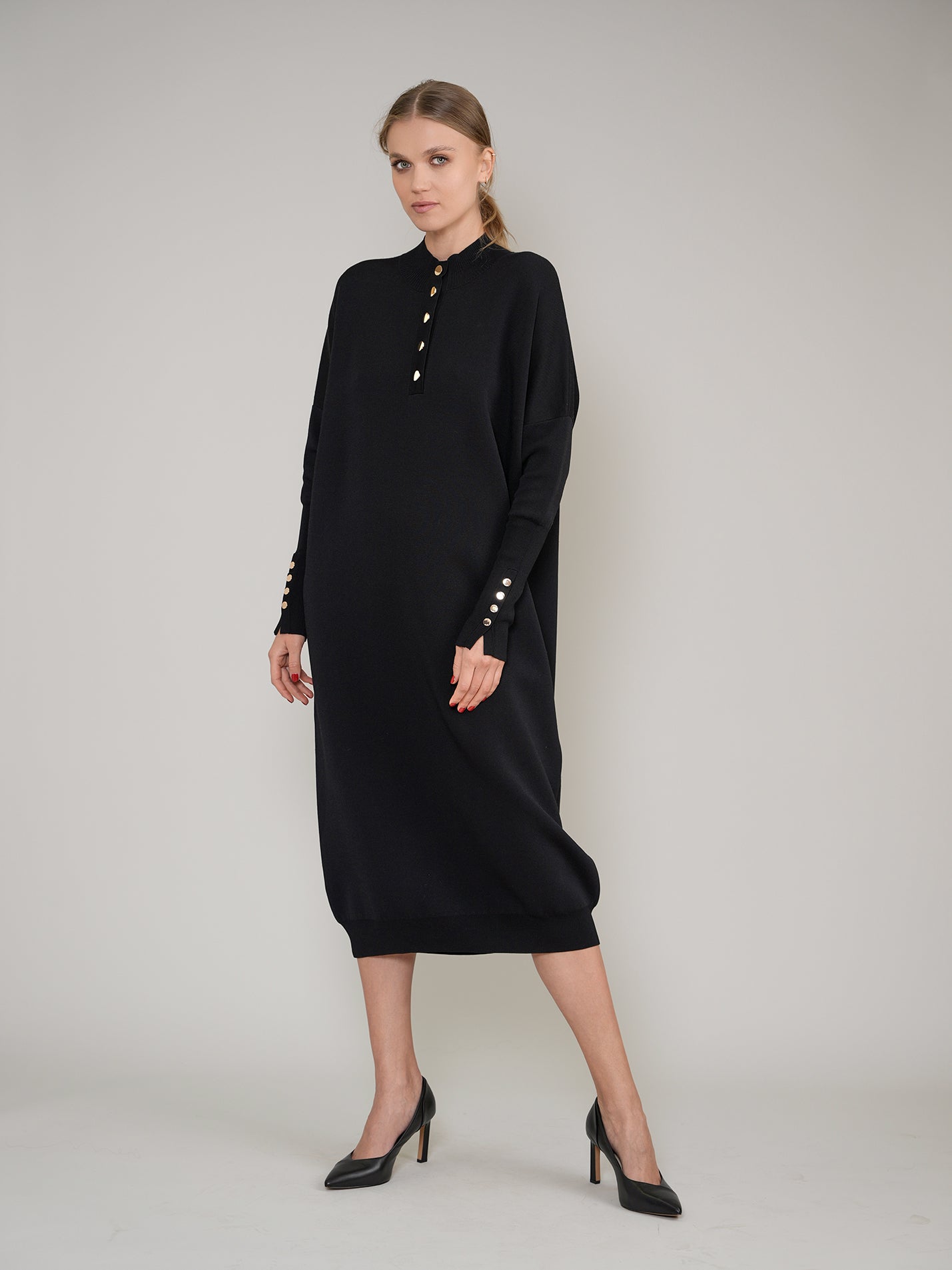 Black Knit Dress with Gold Buttons Aleeza Paris Black Knit Dress with Gold Buttons Aleeza Paris