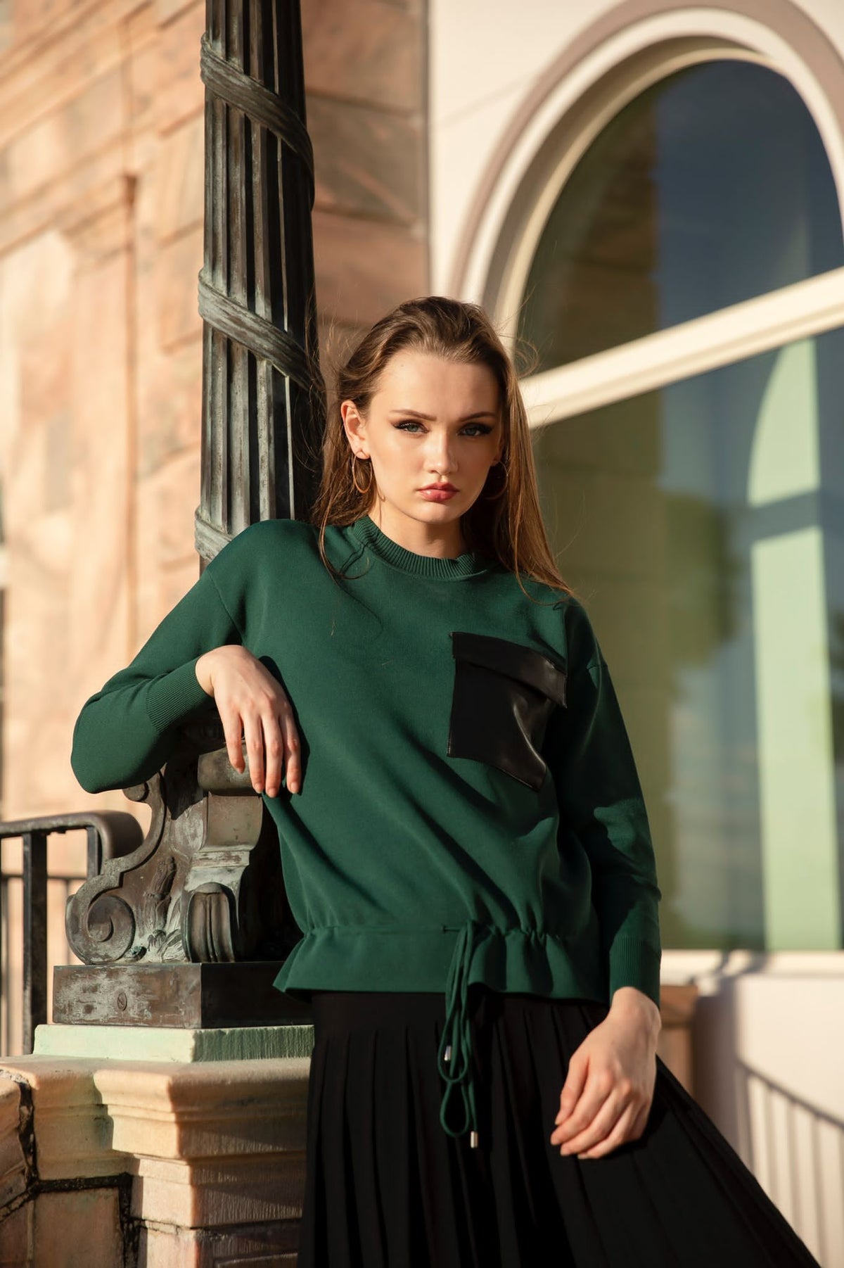 Aleeza Paris Leather Pocket Tie Top – modest dress in Black