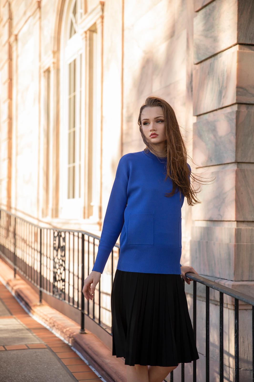 Aleeza Paris Two Pocket Sweater – modest top in Blue