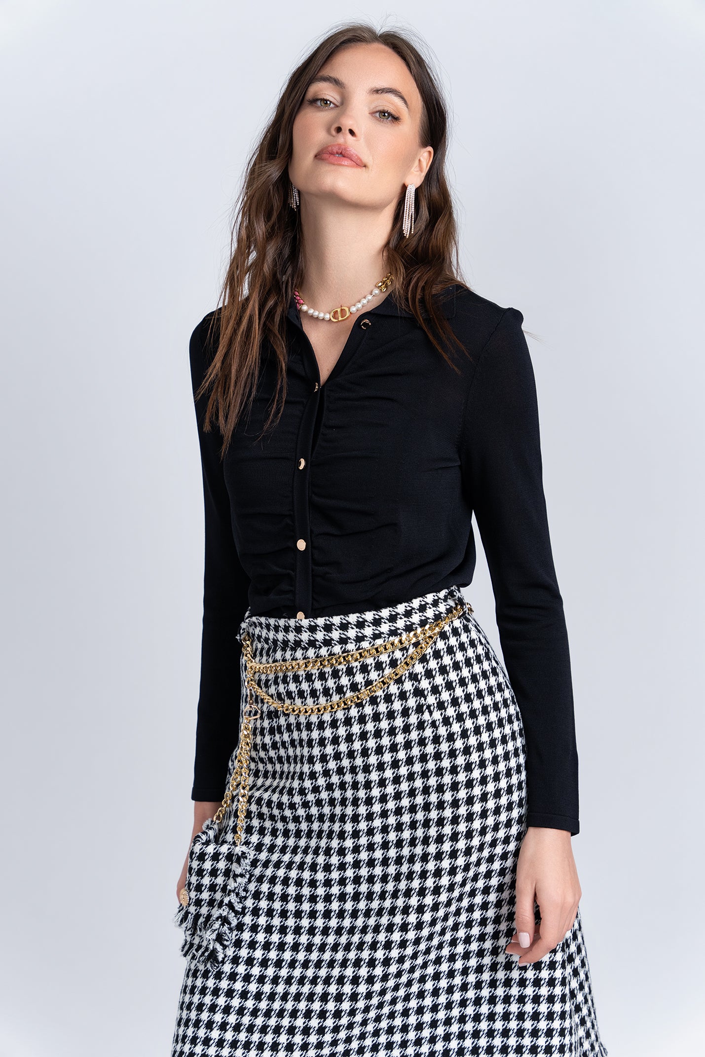 【INCHANT ME】[Long ver.] Lapre tweed long skirt Tweed midi skirt with textured edging and large buttons