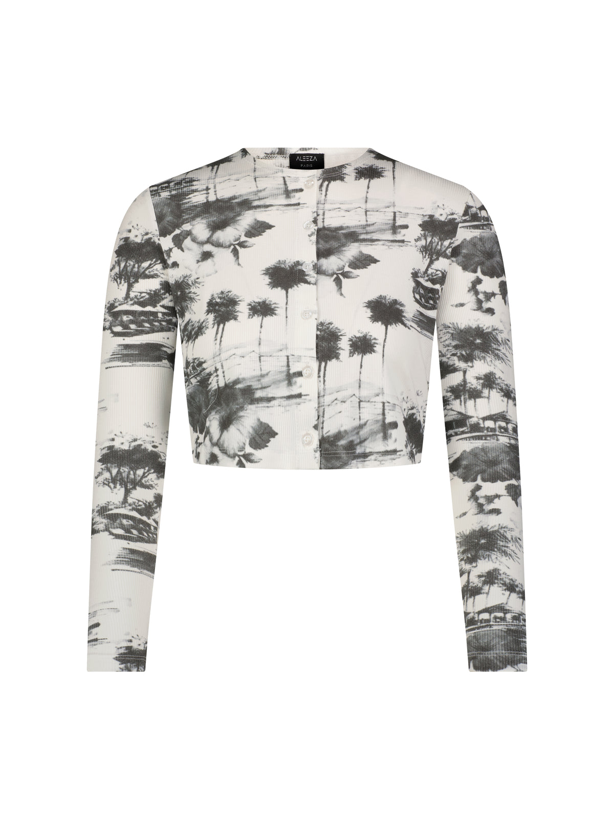 Aleeza Paris Brisa Water Print Cropped Cardigan – modest top in Ivory, Black Print