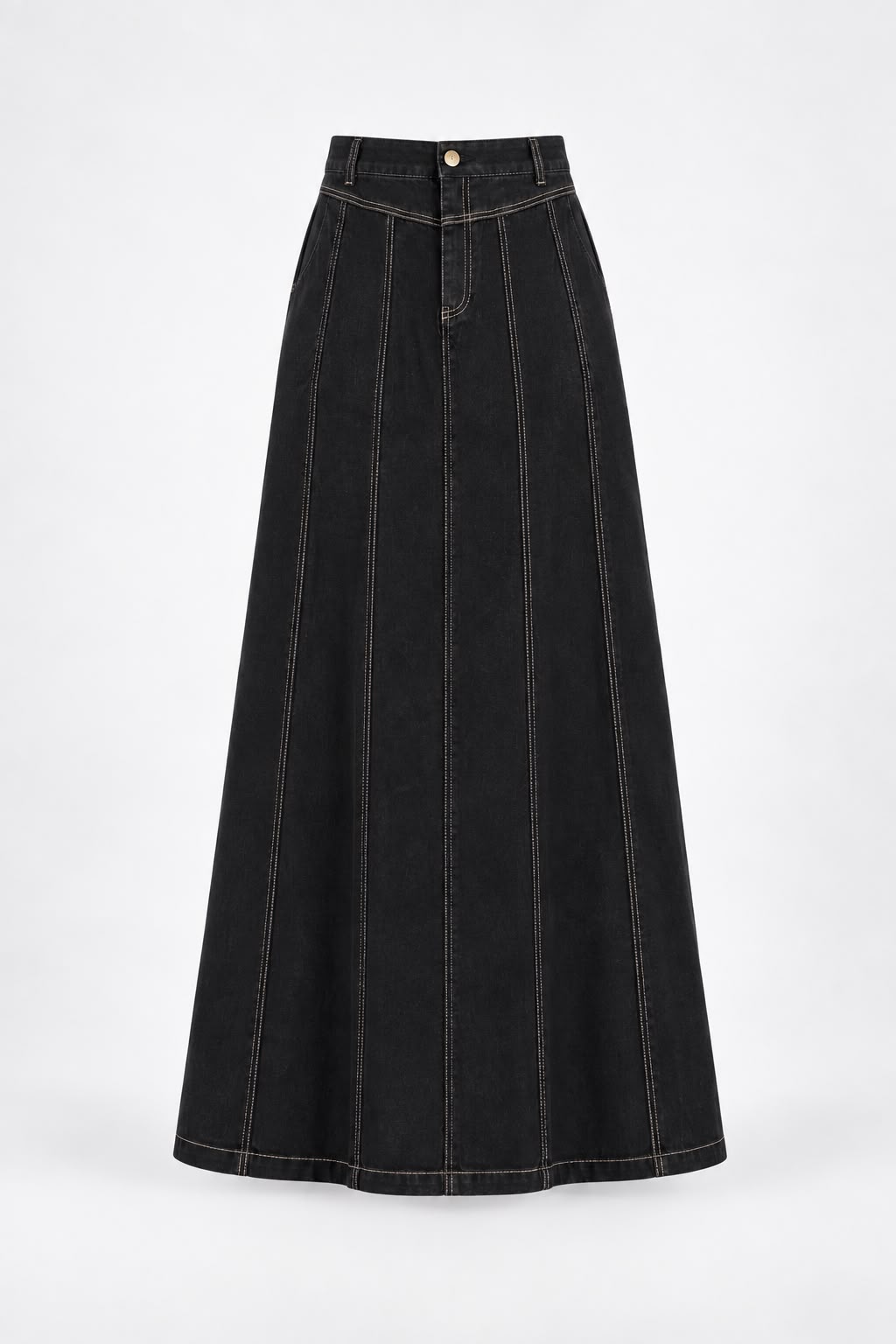 High-Waisted Panel Pleated Denim Maxi Skirt