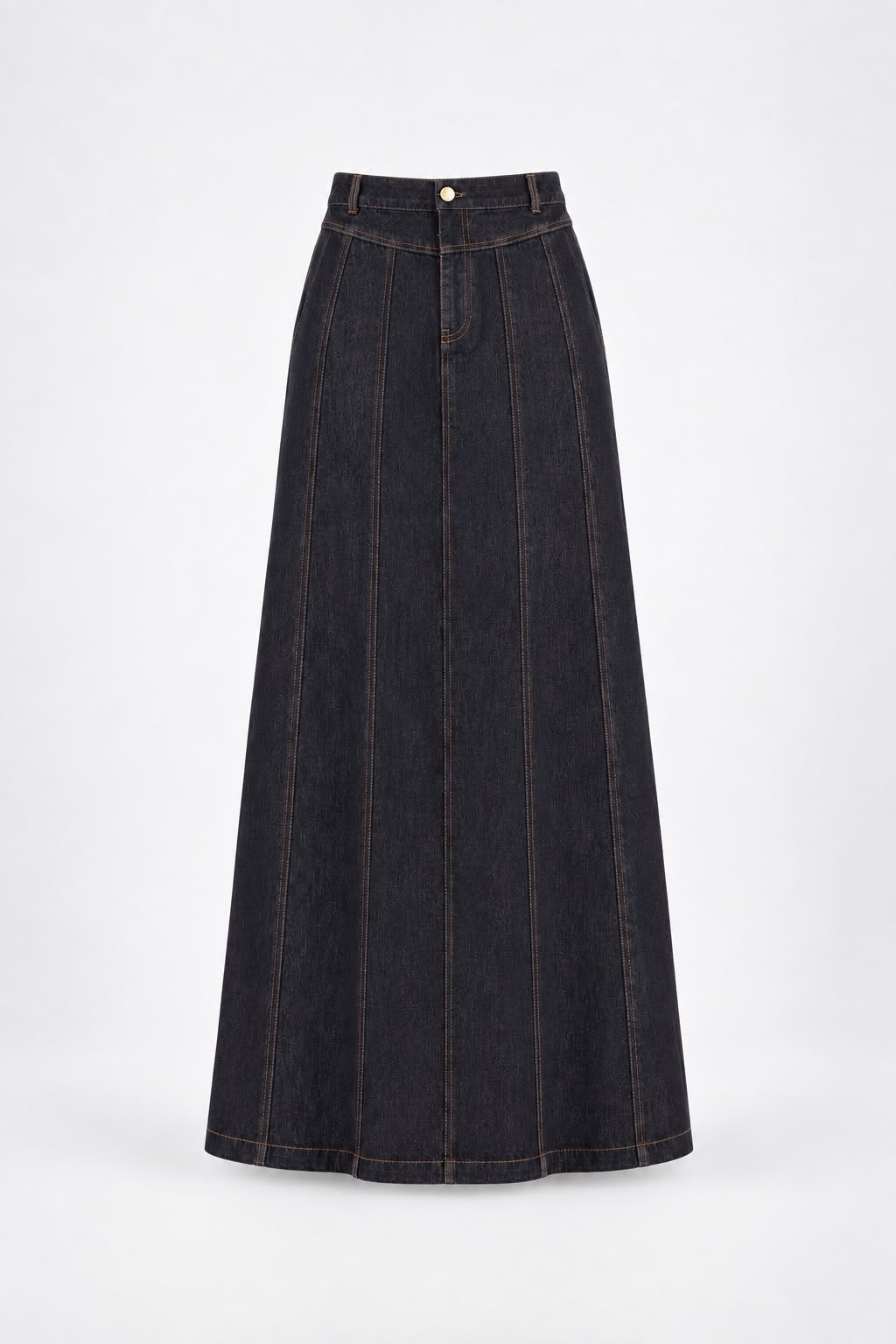 High-Waisted Panel Pleated Denim Maxi Skirt
