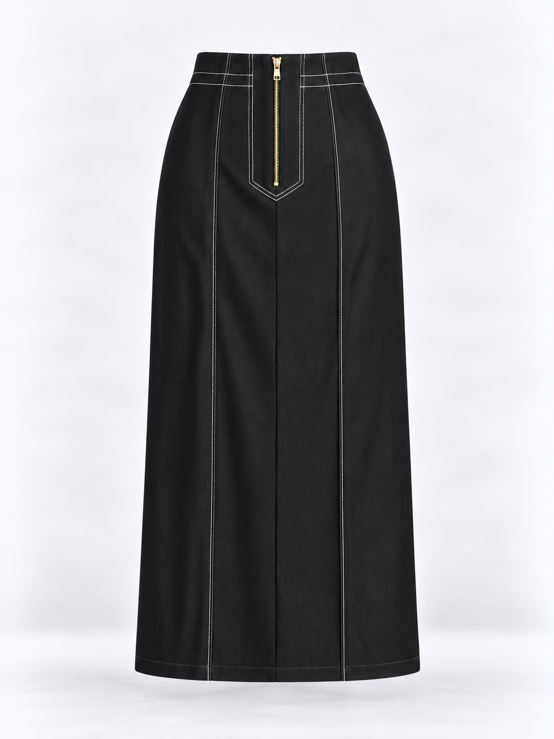 High-Waisted Contrast-Stitch Denim Midi Skirt