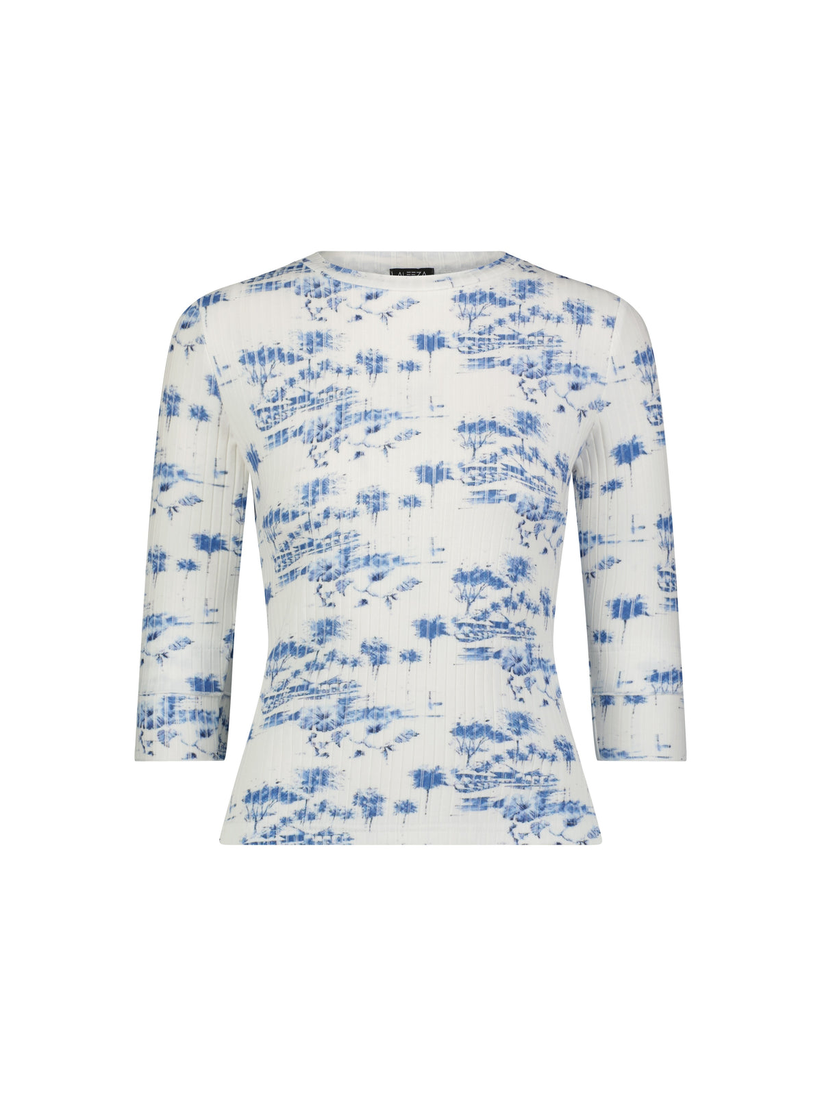 Aleeza Paris Abby Palm T-Shirt – modest top in Ivory, Blue Print