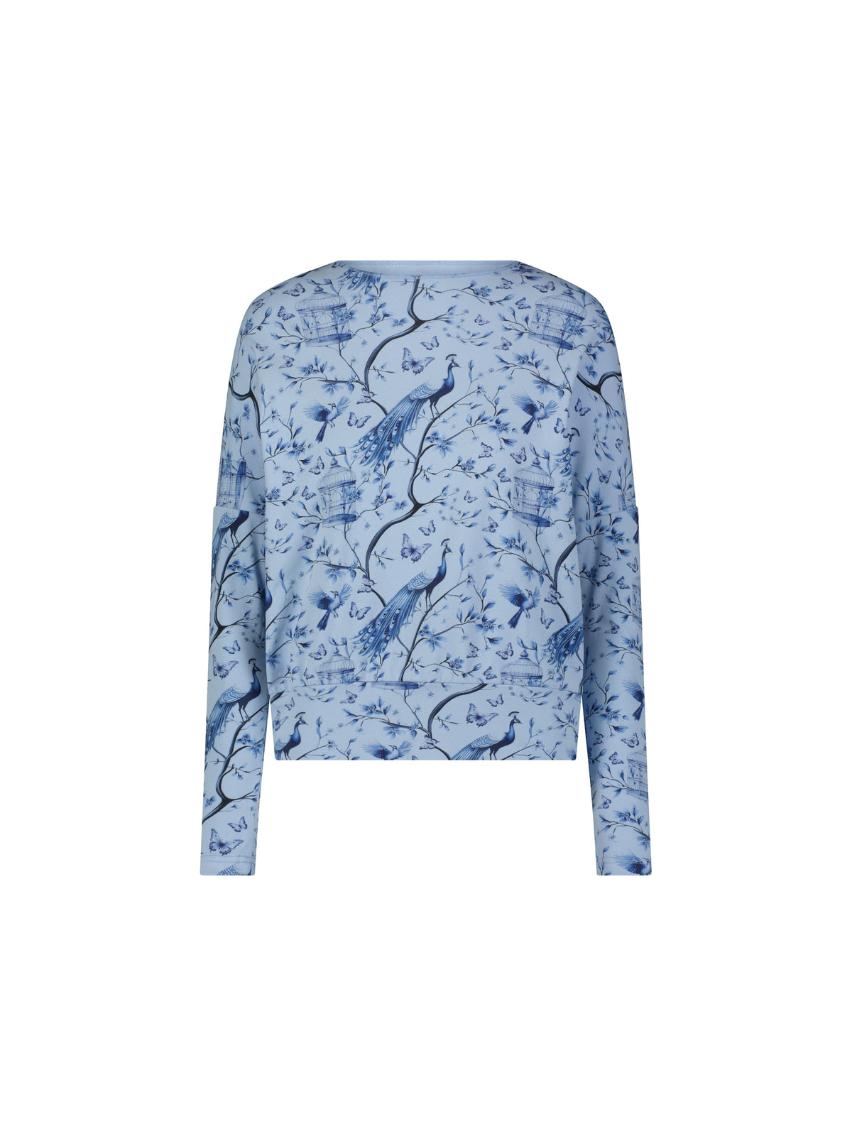 Aleeza Paris Abby Peacock Dolman T-Shirt – modest top in Blue, Blue Print