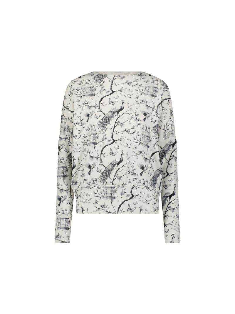 Aleeza Paris Abby Peacock Dolman T-Shirt – modest top in Ivory, Black Print