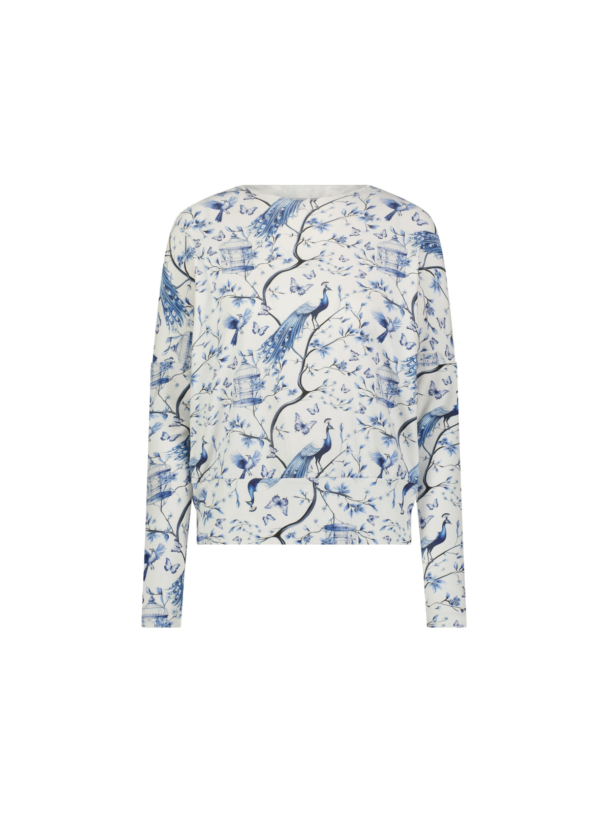 Aleeza Paris Abby Peacock Dolman T-Shirt – modest top in Ivory, Blue Print