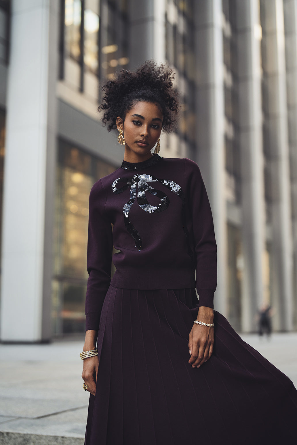 Aleeza Paris Alya Bow Sweater – modest top in Plum W/ Black Sequins