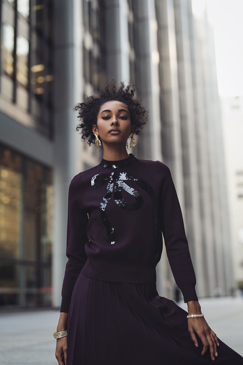 Aleeza Paris Alya Bow Sweater – modest top in Plum W/ Black Sequins