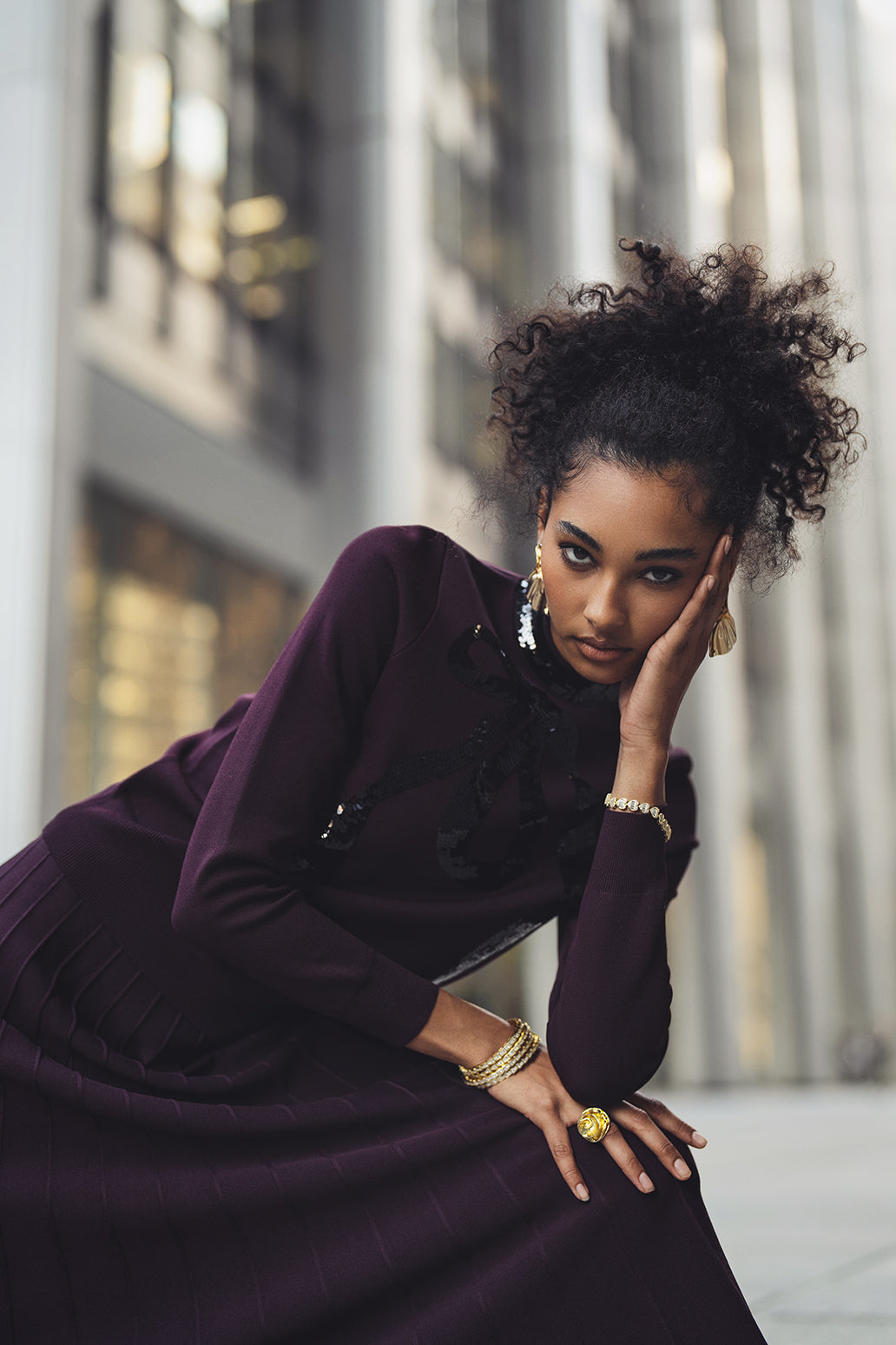 Aleeza Paris Alya Bow Sweater – modest top in Plum W/ Black Sequins