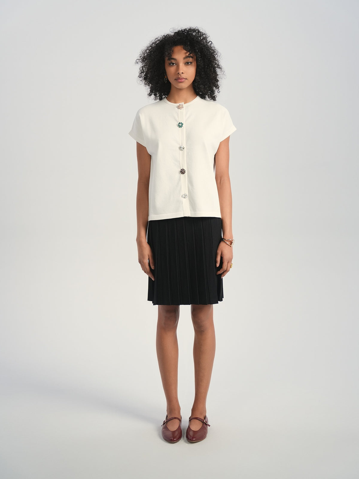 Aleeza Paris Aria Button Down Cardigan – modest top in Solid Ivory with Colorful Rhinestones Buttons