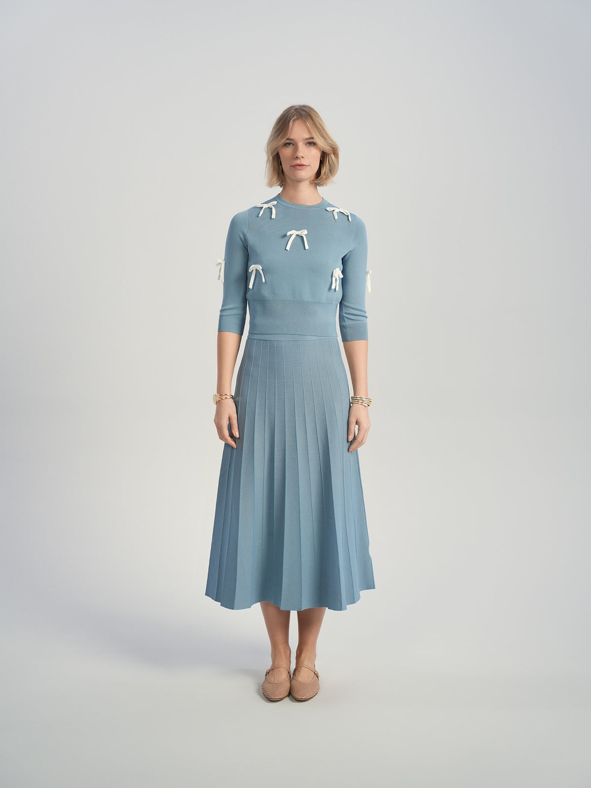 Aleeza Paris Bianca Bow Top – modest top in Dusty Blue with Ivory Bows