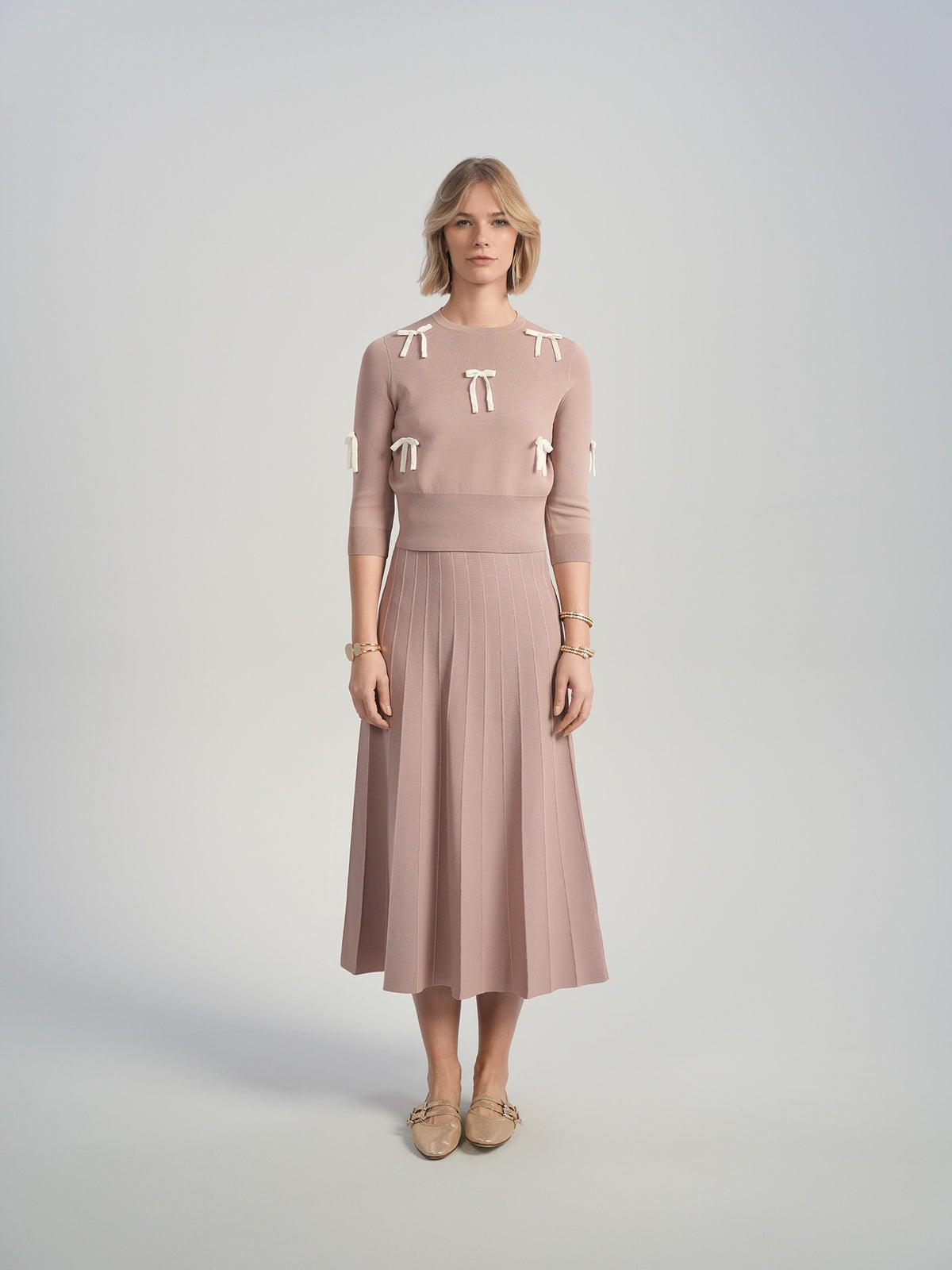 Aleeza Paris Bianca Bow Top – modest top in Dusty Pink with Ivory Bows