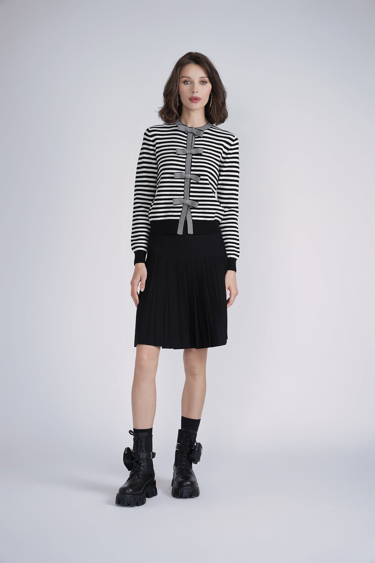 Aleeza Paris Bow Knit Cardigan – modest top in Black/Ivory