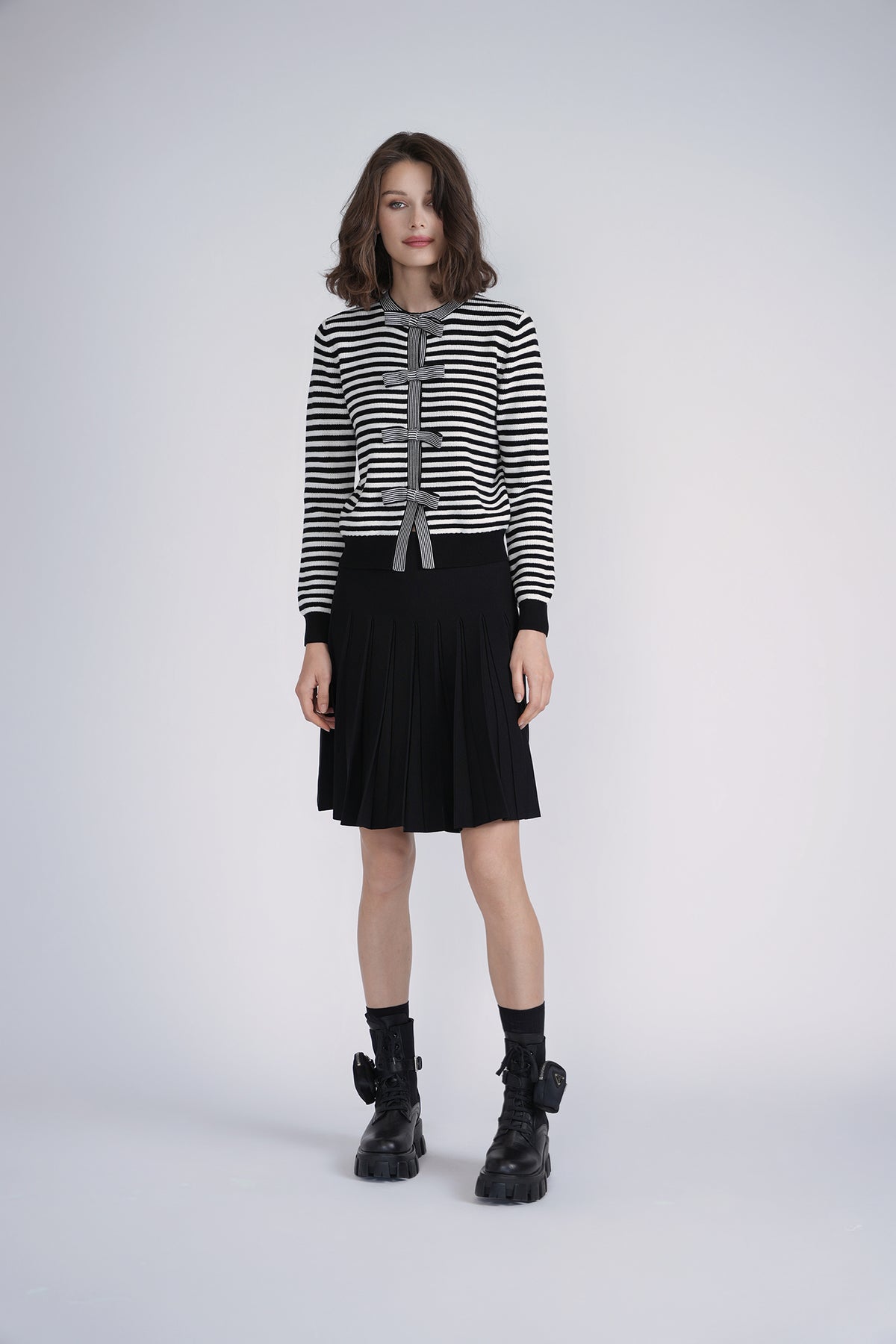 Aleeza Paris Bow Knit Cardigan – modest top in Black/Ivory
