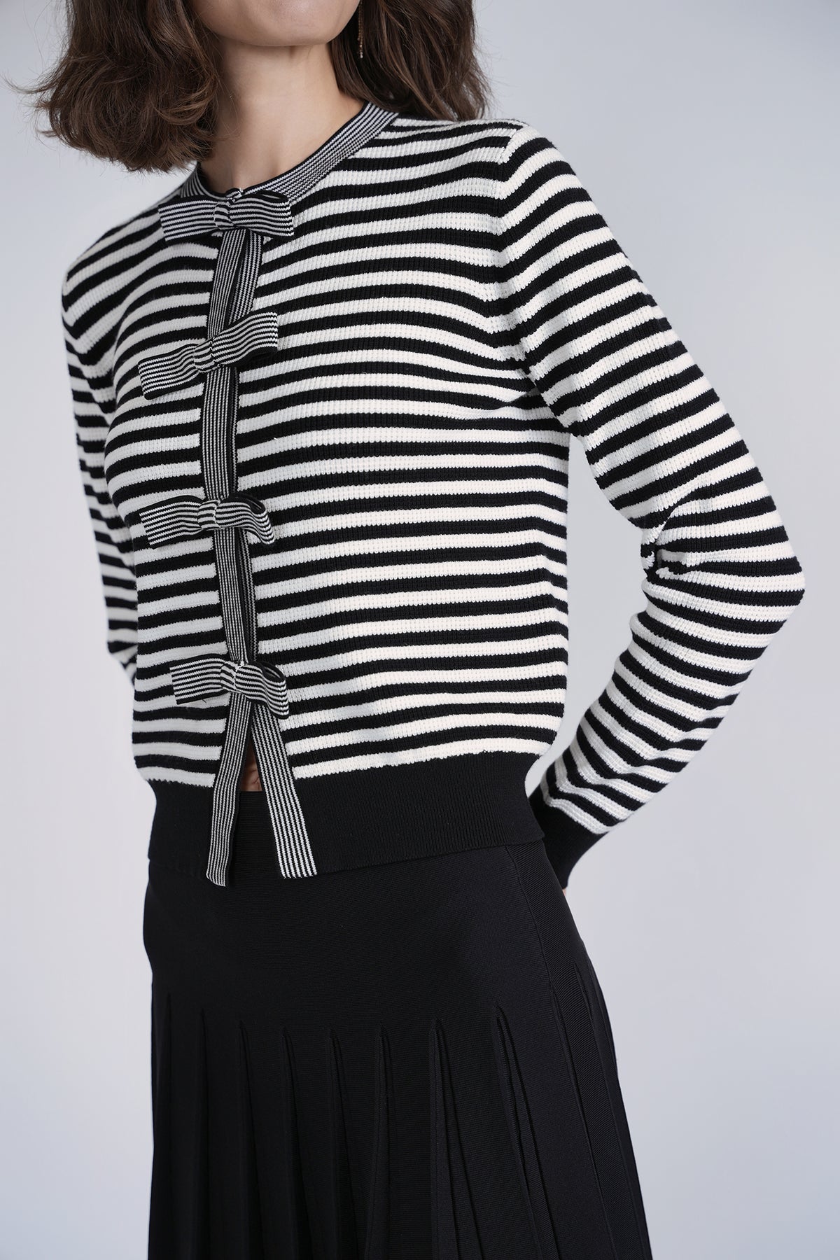 Aleeza Paris Bow Knit Cardigan – modest top in Black/Ivory