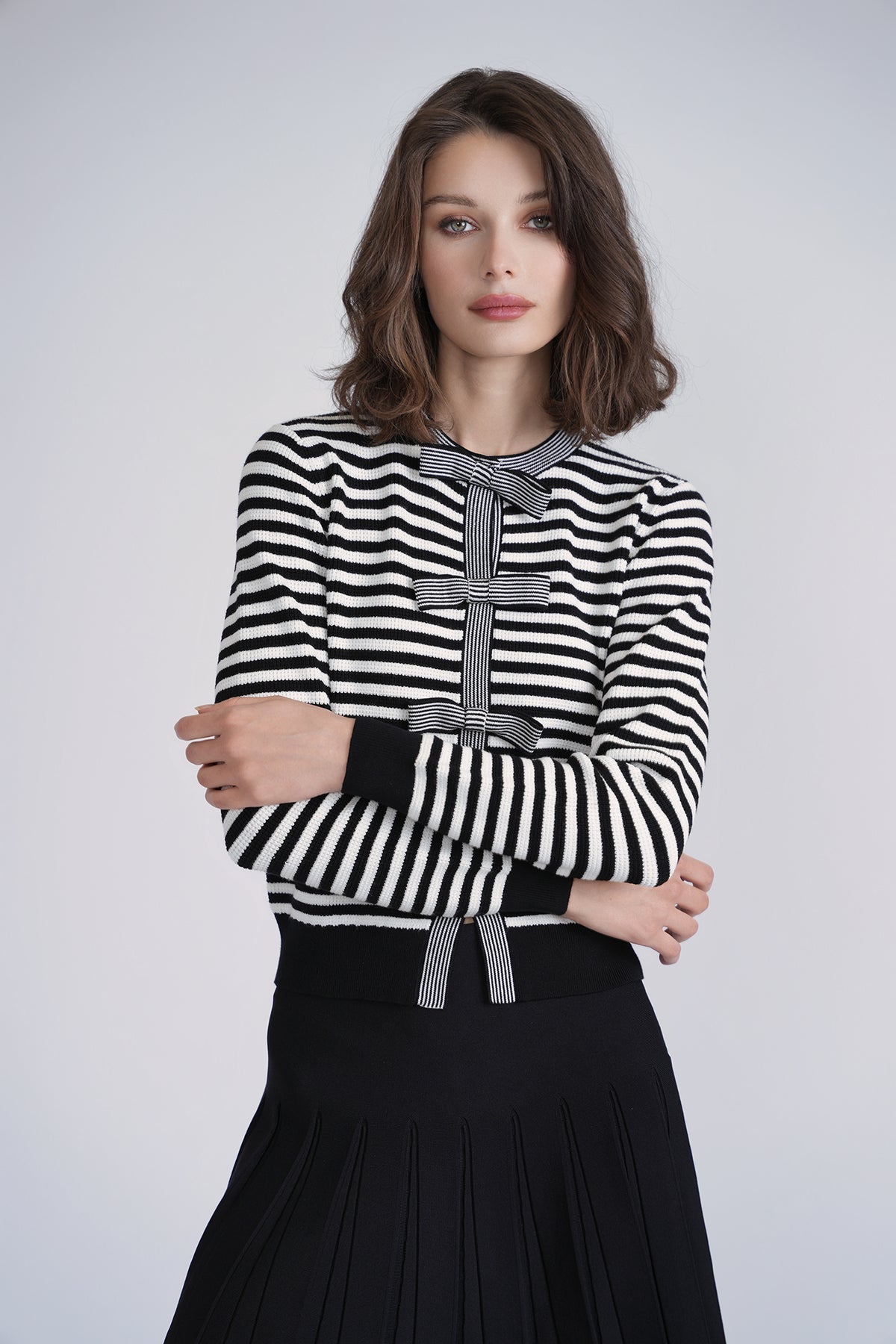 Aleeza Paris Bow Knit Cardigan – modest top in Black/Ivory