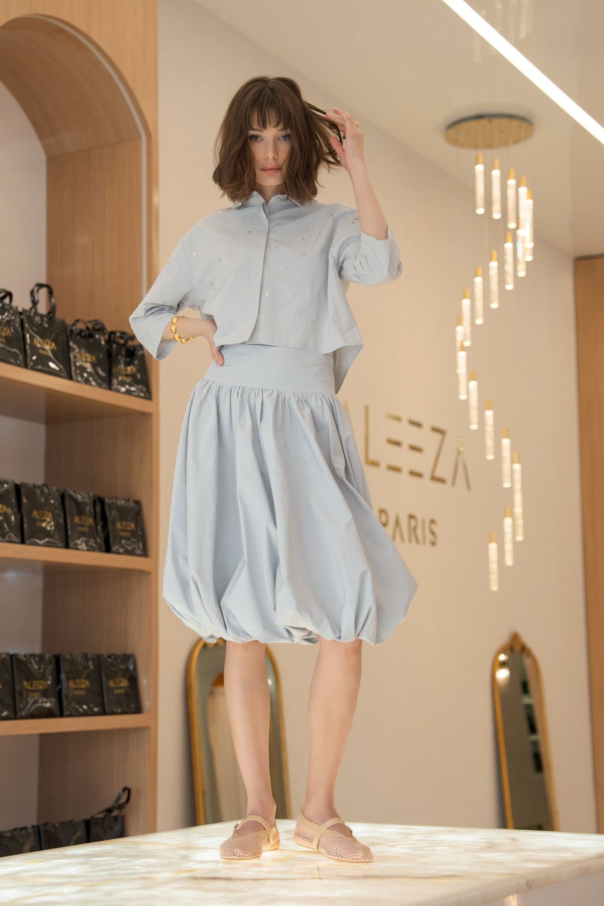 Aleeza Paris Bubble Set Shirt – modest top in Light Blue