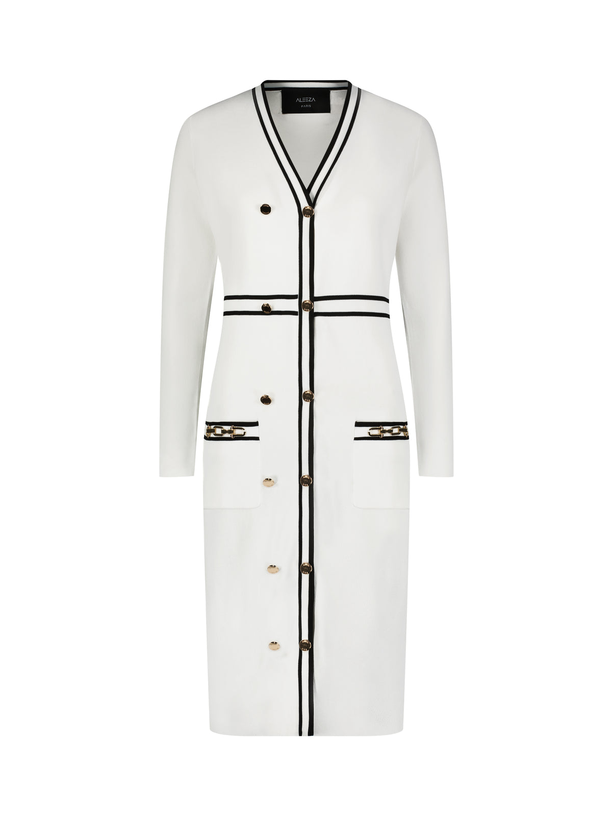 Aleeza Paris Camila Dress – modest dress in Ivory W/ Black Trim