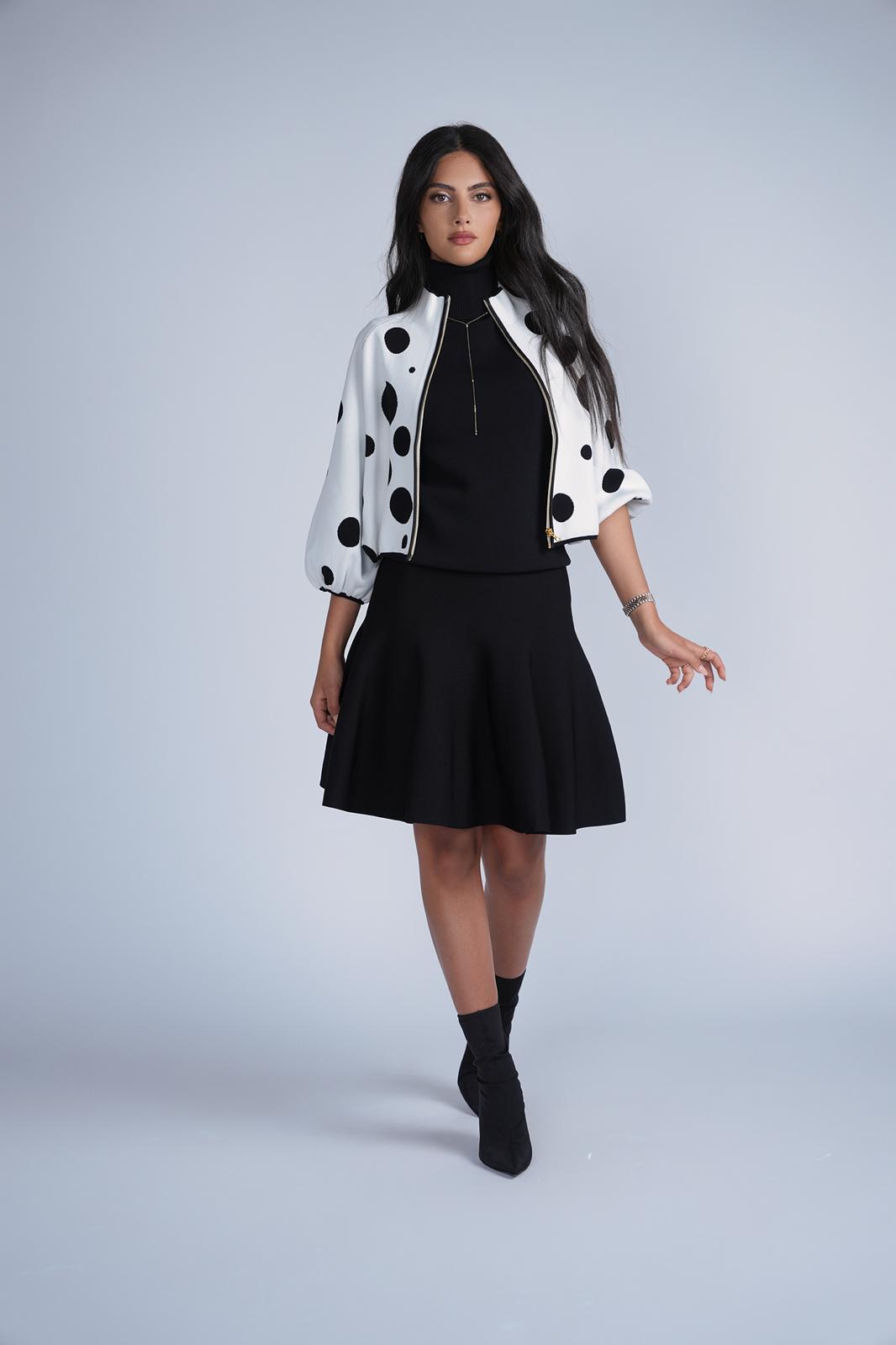 Polkadot Knit Bomber styled with a black skirt – ALEEZA PARIS
