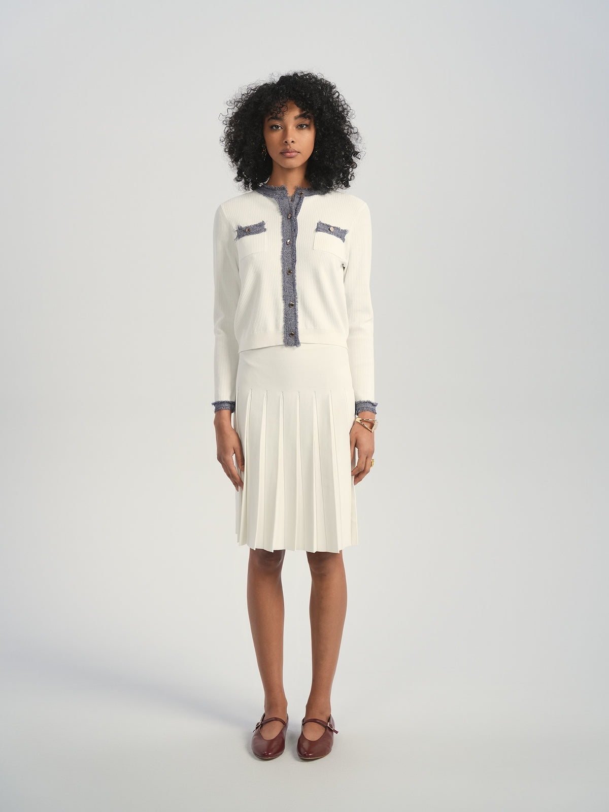Aleeza Paris Clayton Cardigan – modest top in Ivory W/ Denim Trim