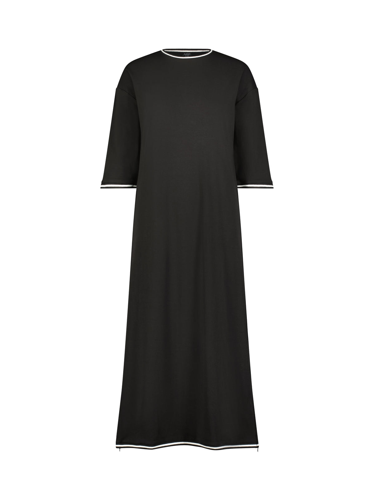 Aleeza Paris Comfort Dress – modest dress in Black W/ Ivory Trim