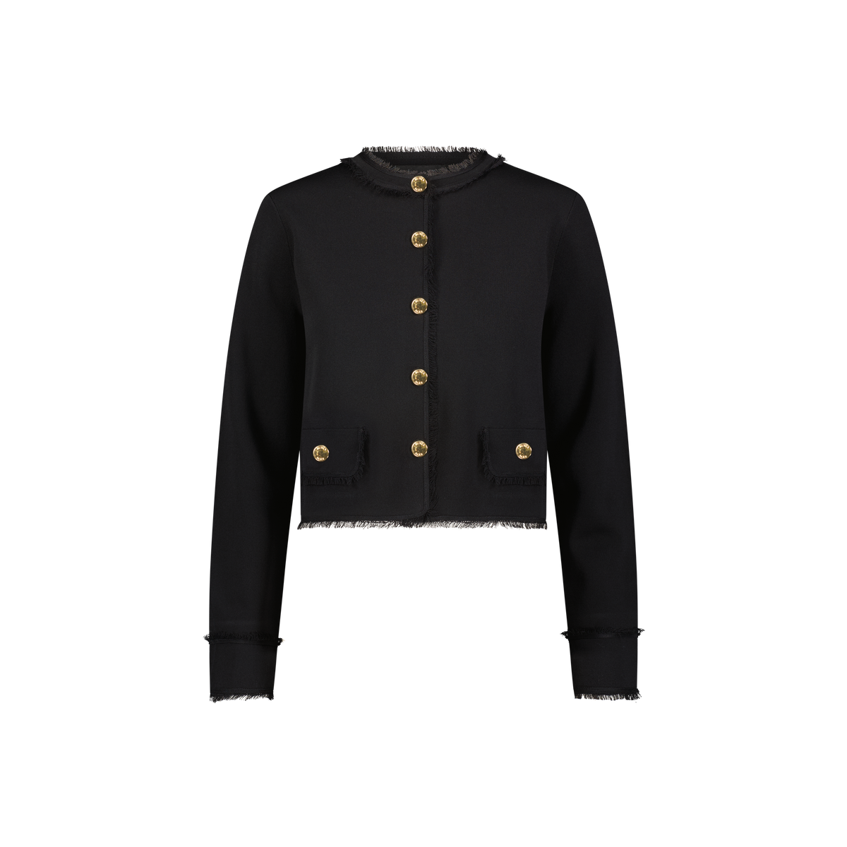 Aleeza Paris Cropped Button Jacket With Gold Accents – modest top in Black