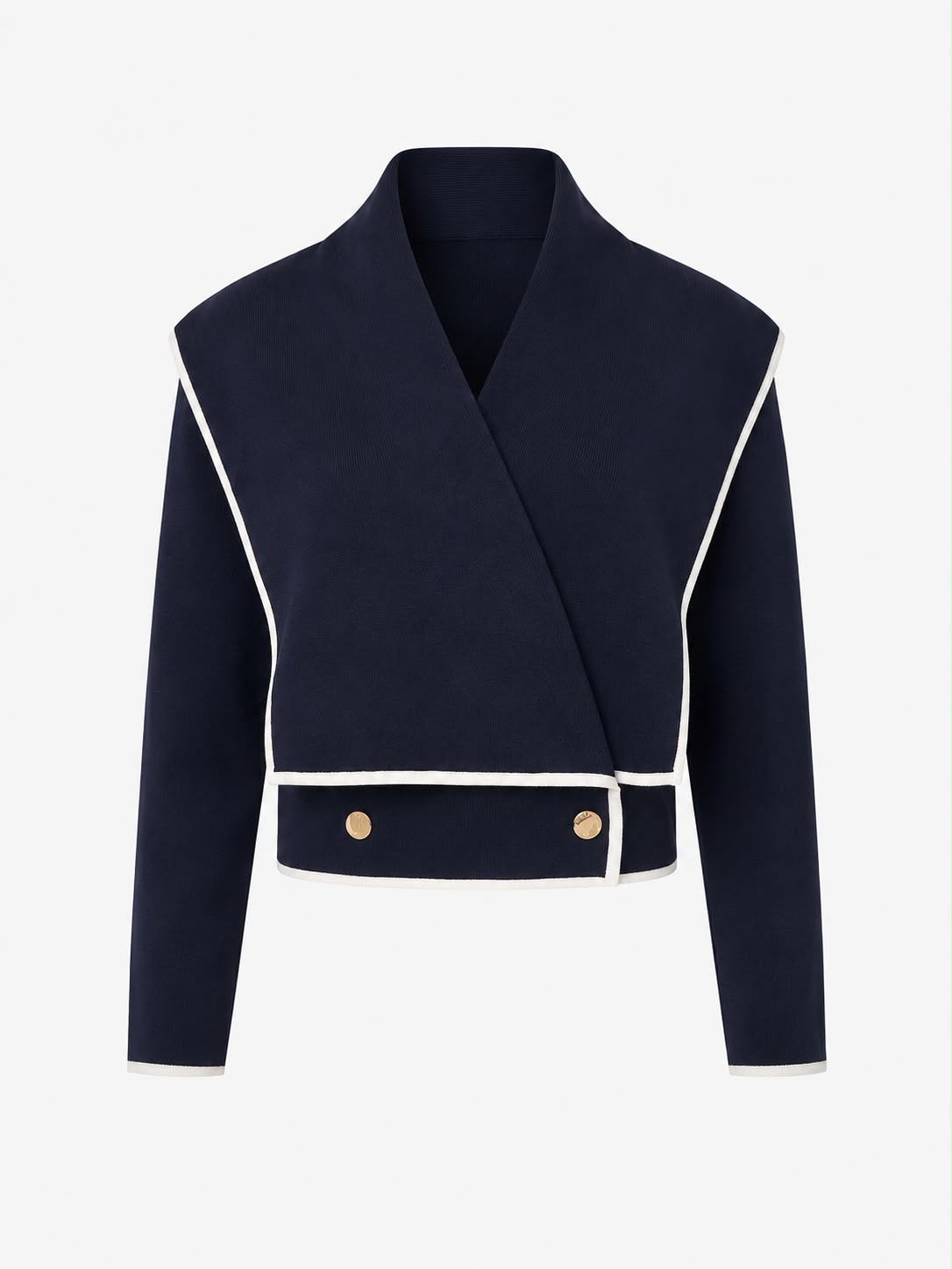 Aleeza Paris Cropped Contrast Blazer – modest top in Navy with White Edge
