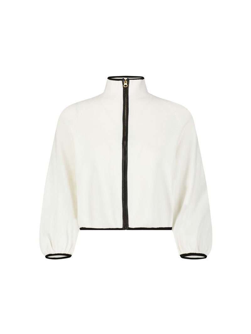 Aleeza Paris Cropped Knit Cardigan – modest top in Ivory W/ Black Trim