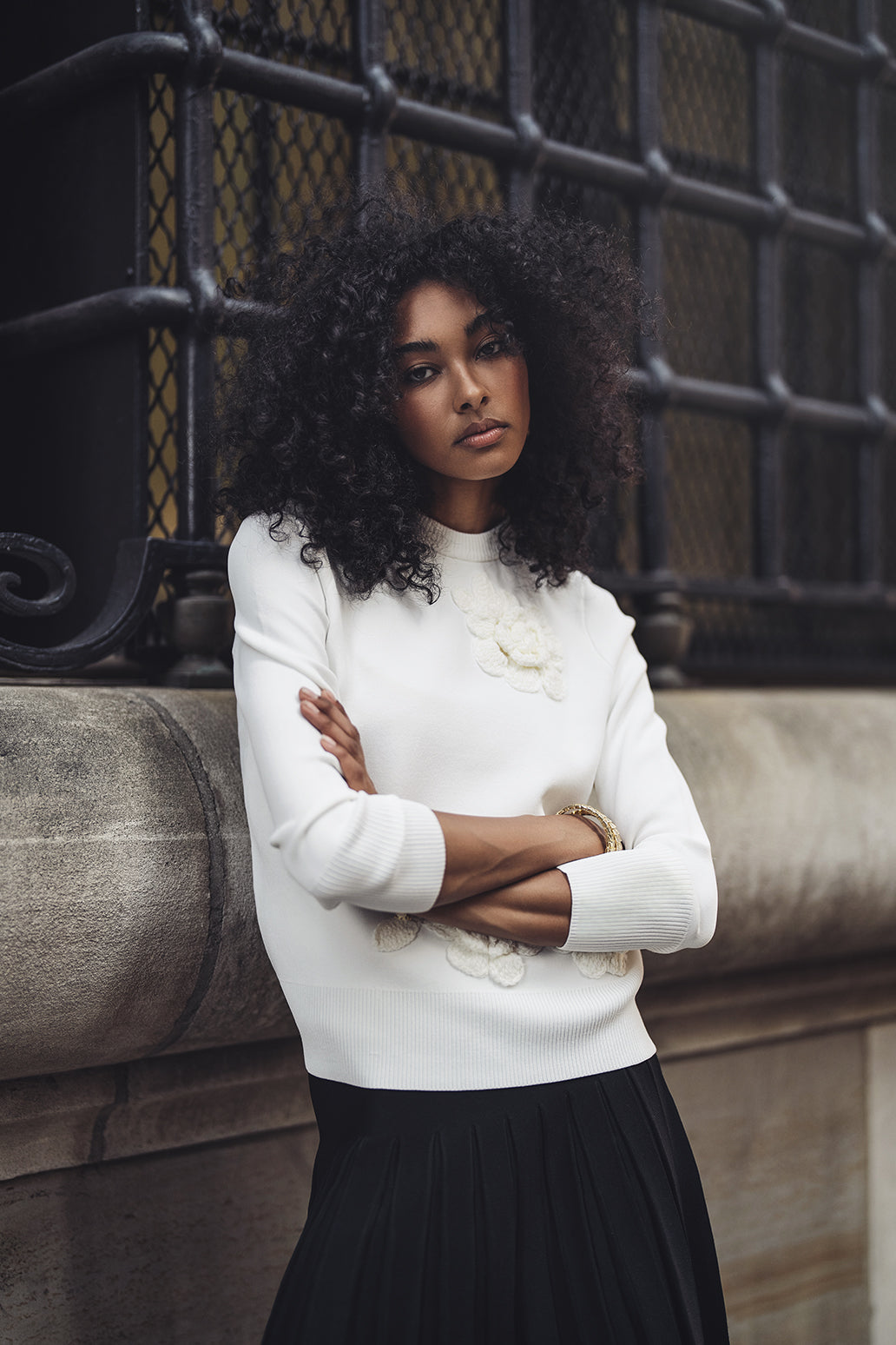 Aleeza Paris Dahlia Sweater – modest top in Ivory W/ Ivory Flowers
