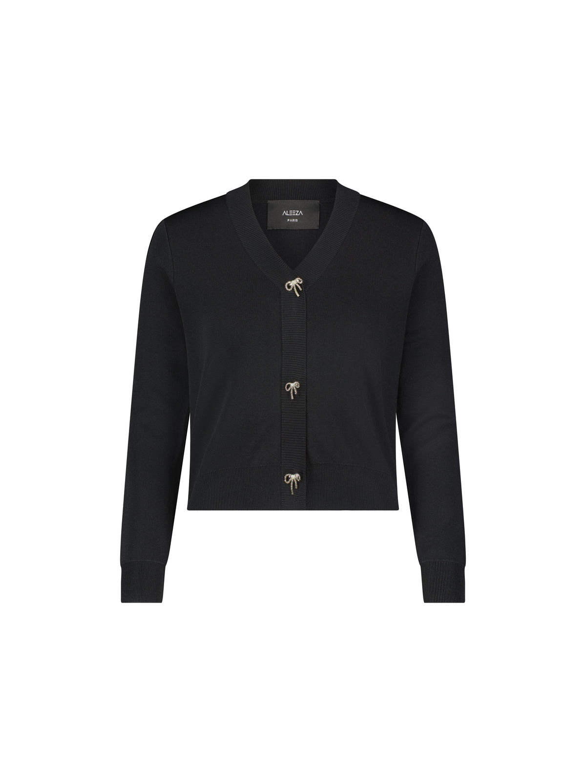 Aleeza Paris Elizabeth Rhinestone Bow Cardigan – modest top in Black