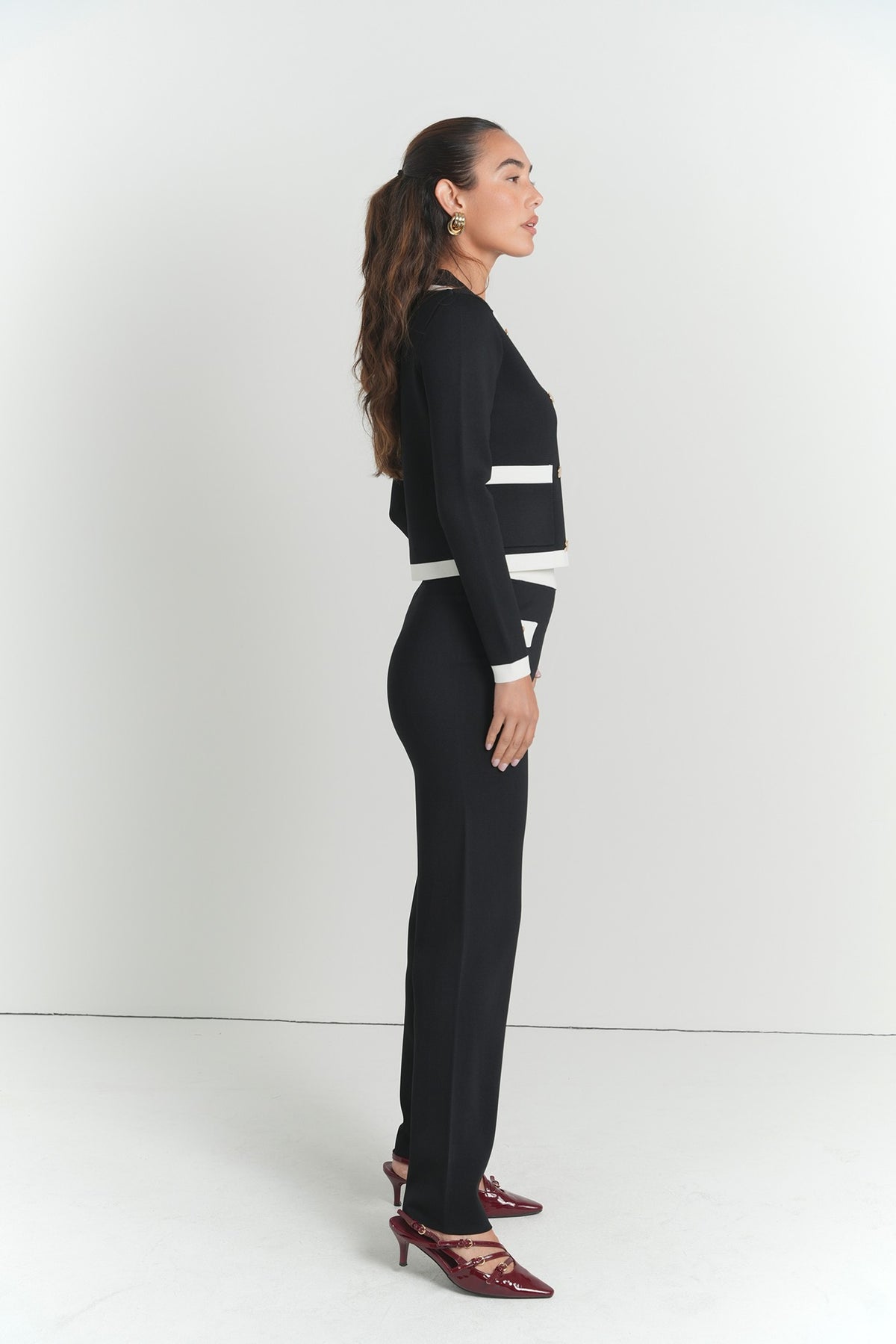 The Elodie Contrast Jacket in Black With White Edge – on model – ALEEZA PARIS