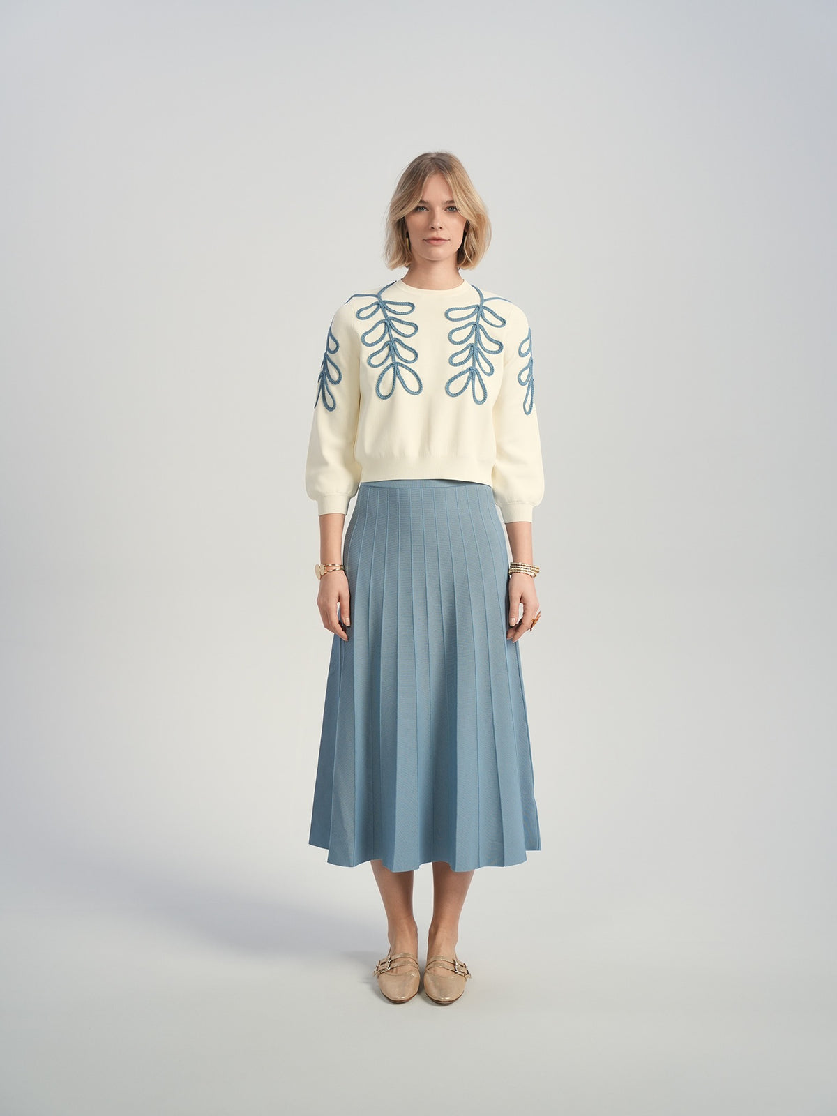 Aleeza Paris Embroidered Knit Top – modest top in Cream with Azura Blue Leaves