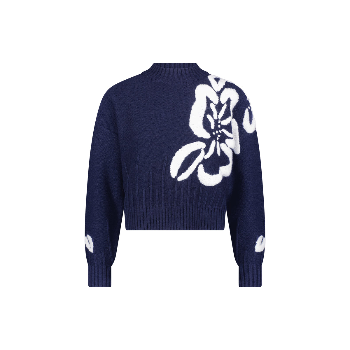 Aleeza Paris Essex Sweater – modest top in Navy W/ Ivory Flowers