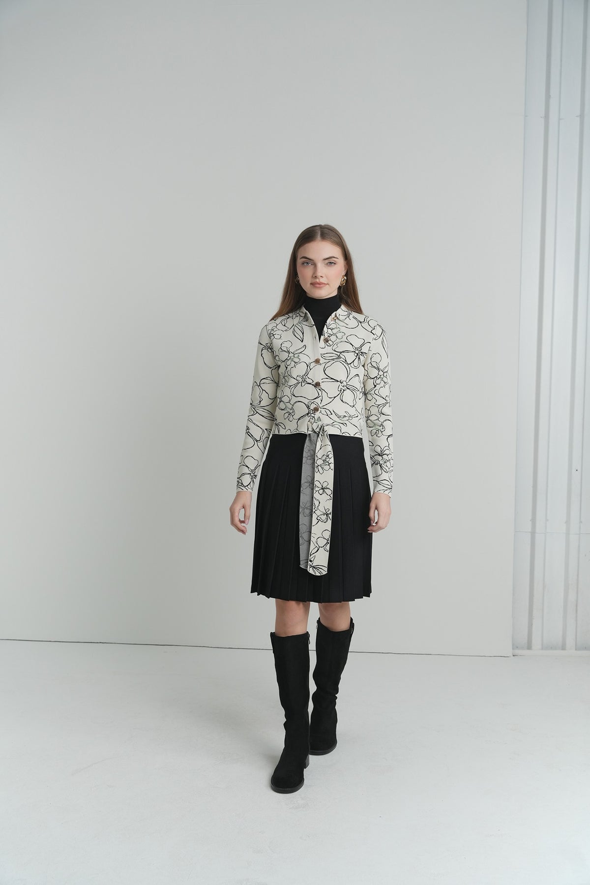 The Fleur Tie-Front Top in Cream With Black Flowers – on model – ALEEZA PARIS
