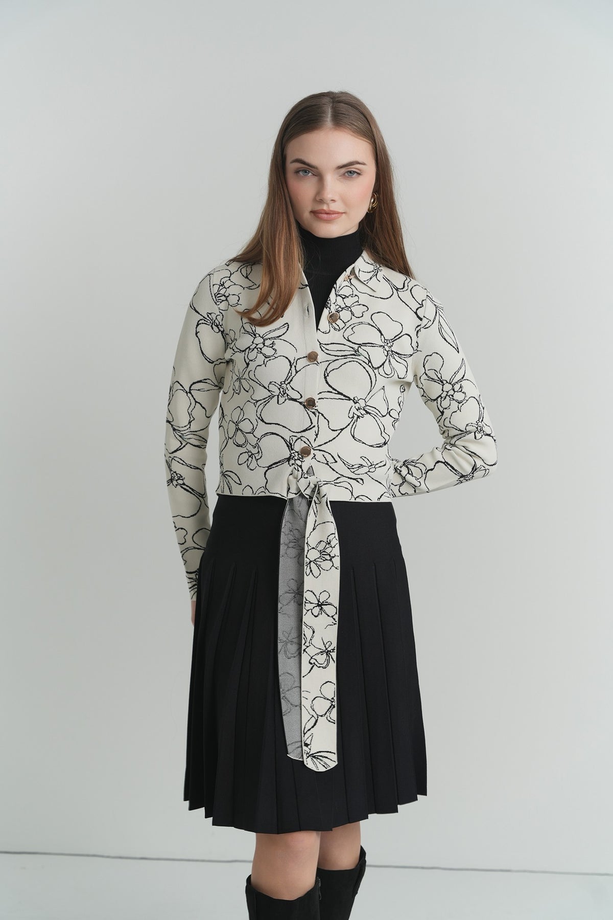 The Fleur Tie-Front Top in Cream With Black Flowers – on model – ALEEZA PARIS