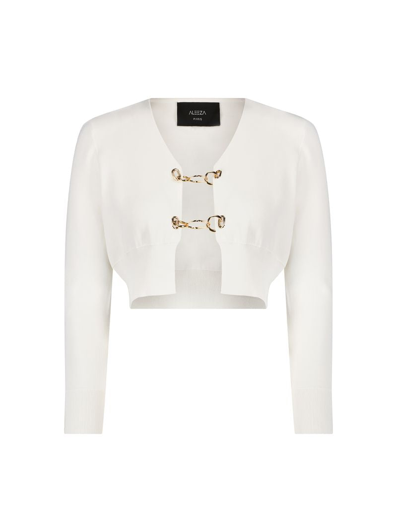 Aleeza Paris Grace Cropped Chain Cardigan – modest top in Ivory