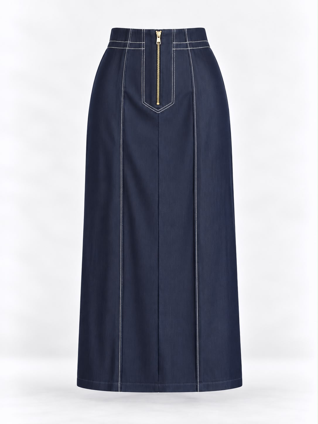 Aleeza Paris High-Waisted Contrast-Stitch Denim Midi Skirt – modest skirt in Navy