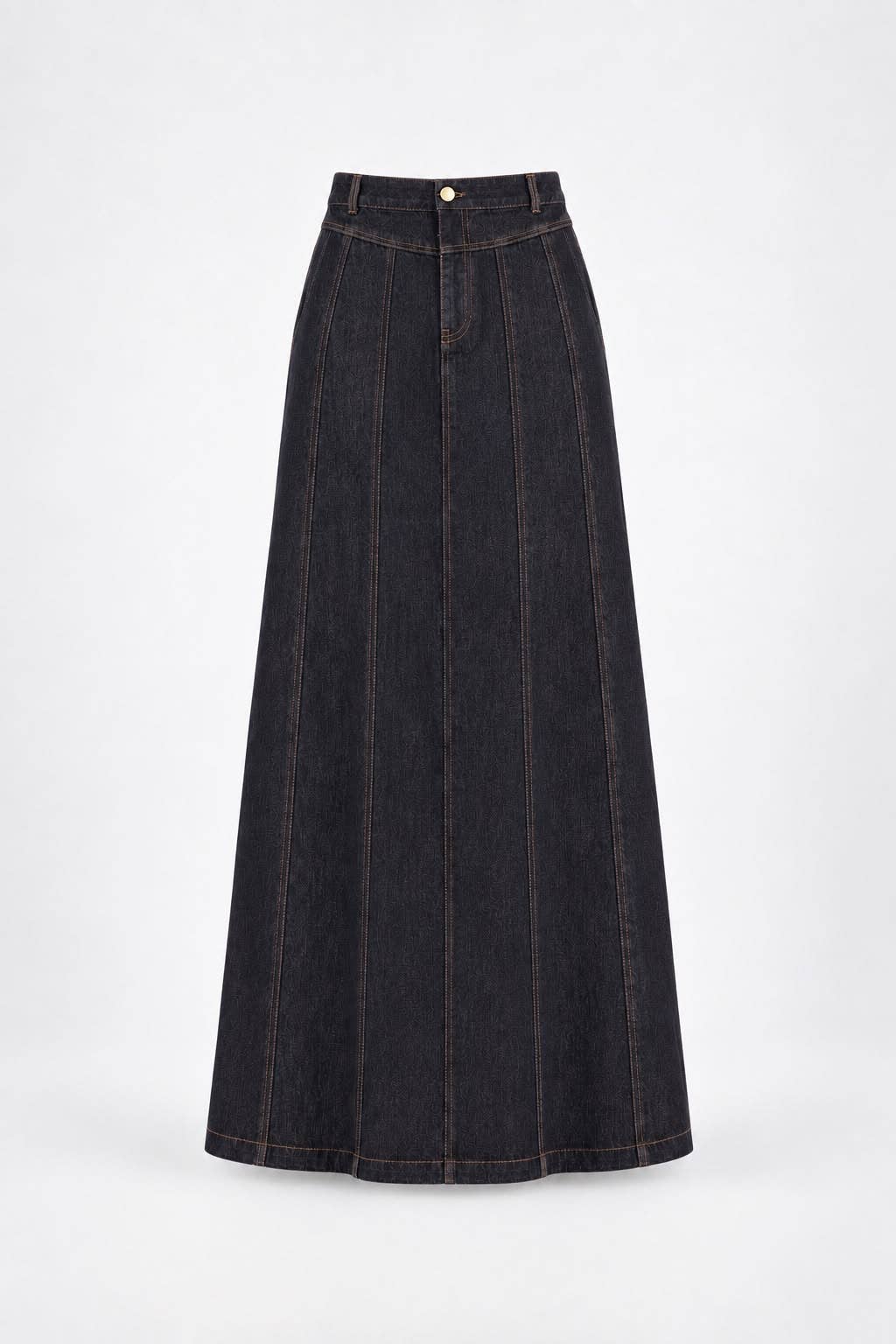 Aleeza Paris High-Waisted Panel Pleated Denim Maxi Skirt – modest skirt