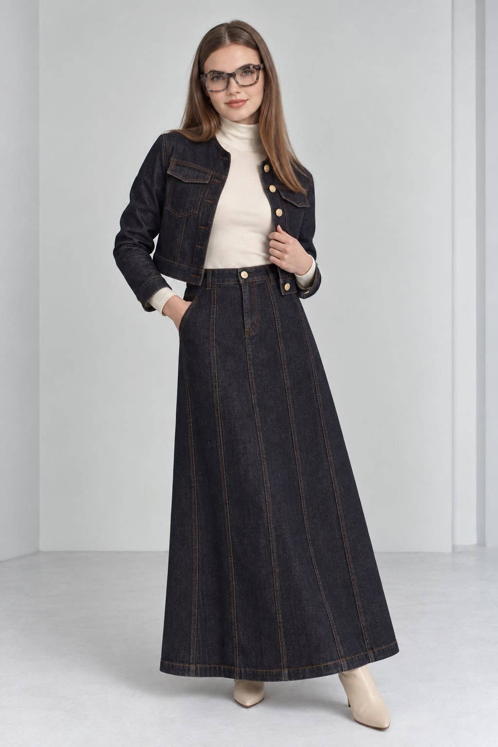 Aleeza Paris High-Waisted Panel Pleated Denim Maxi Skirt – modest skirt