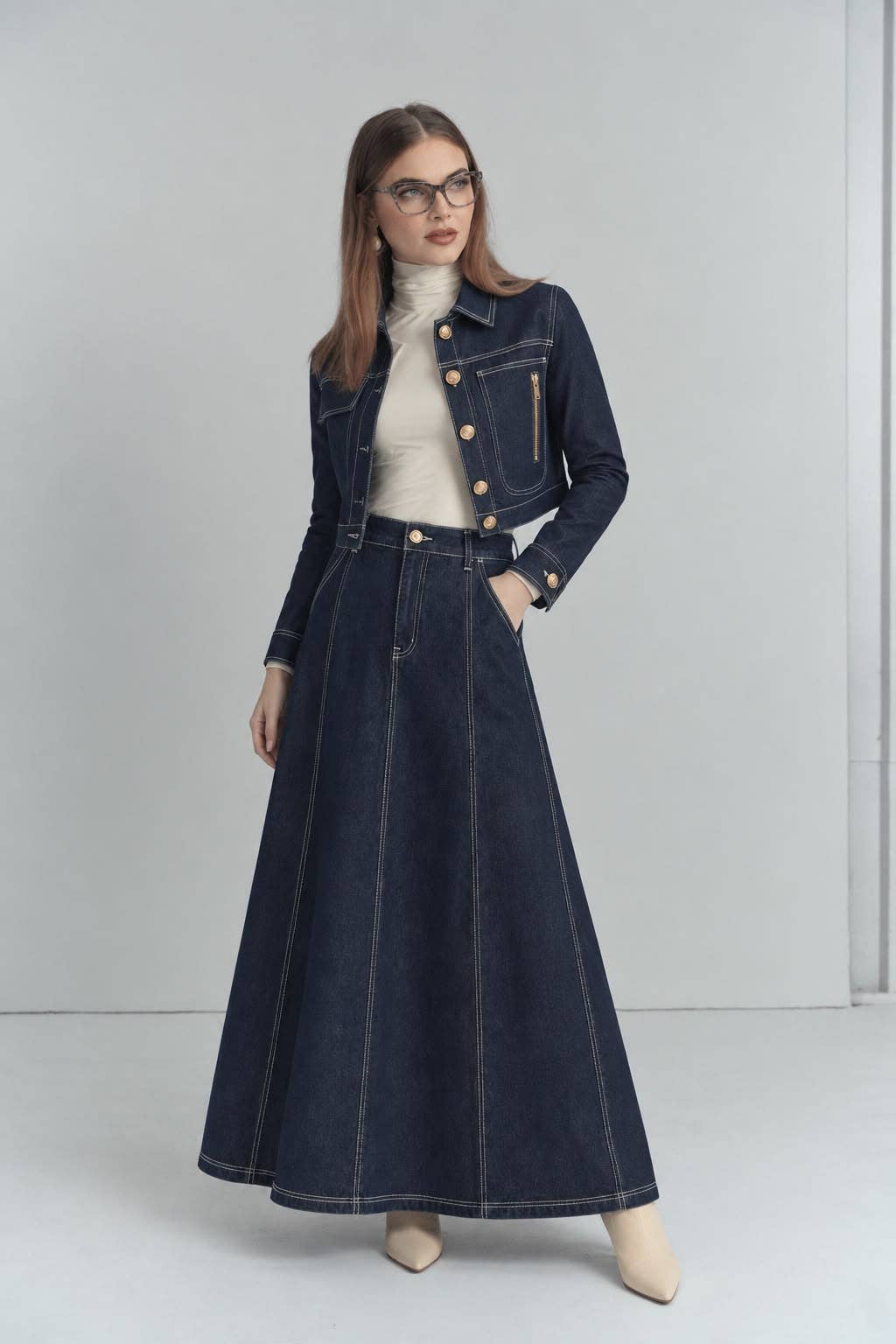 Aleeza Paris High-Waisted Panel Pleated Denim Maxi Skirt – modest skirt