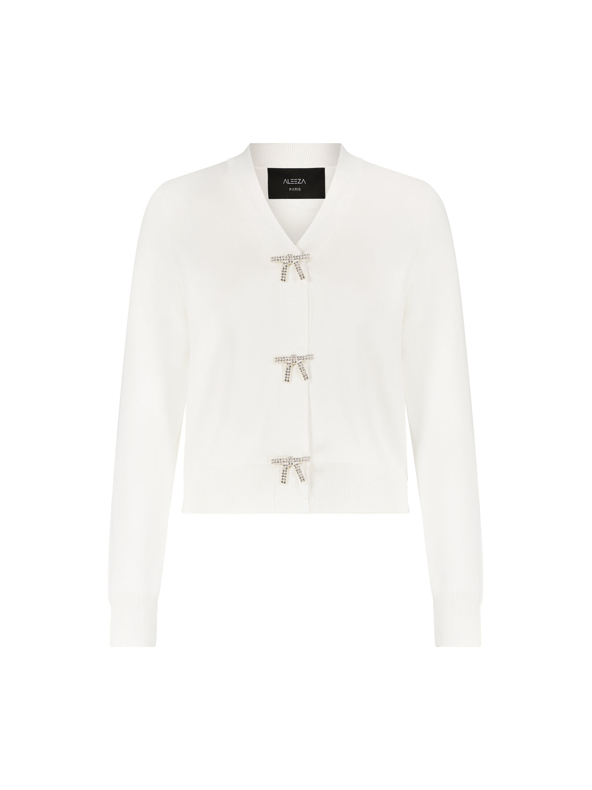 Aleeza Paris Jodie Rhinestone Bow Knit Cardigan – modest top in Ivory