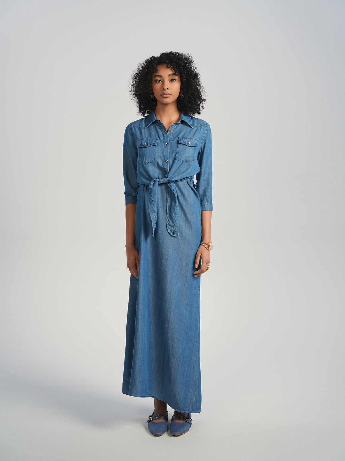 Aleeza Paris Joliet Set Denim Tie Shirt and Strap Slip Dress – modest top in Denim Blue