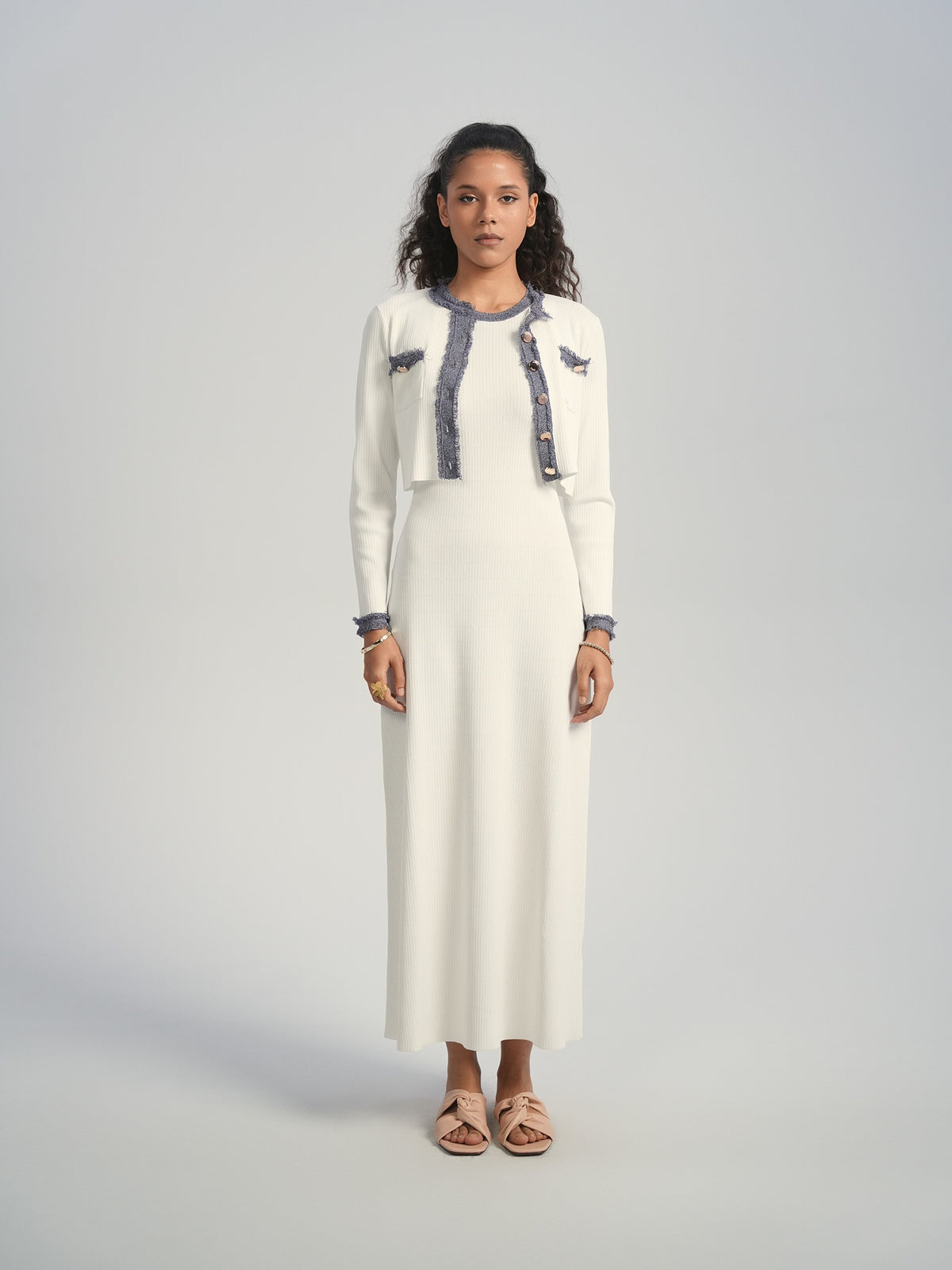 Aleeza Paris Kaito Ribbed Set – modest top in Ivory W/ Denim Trim