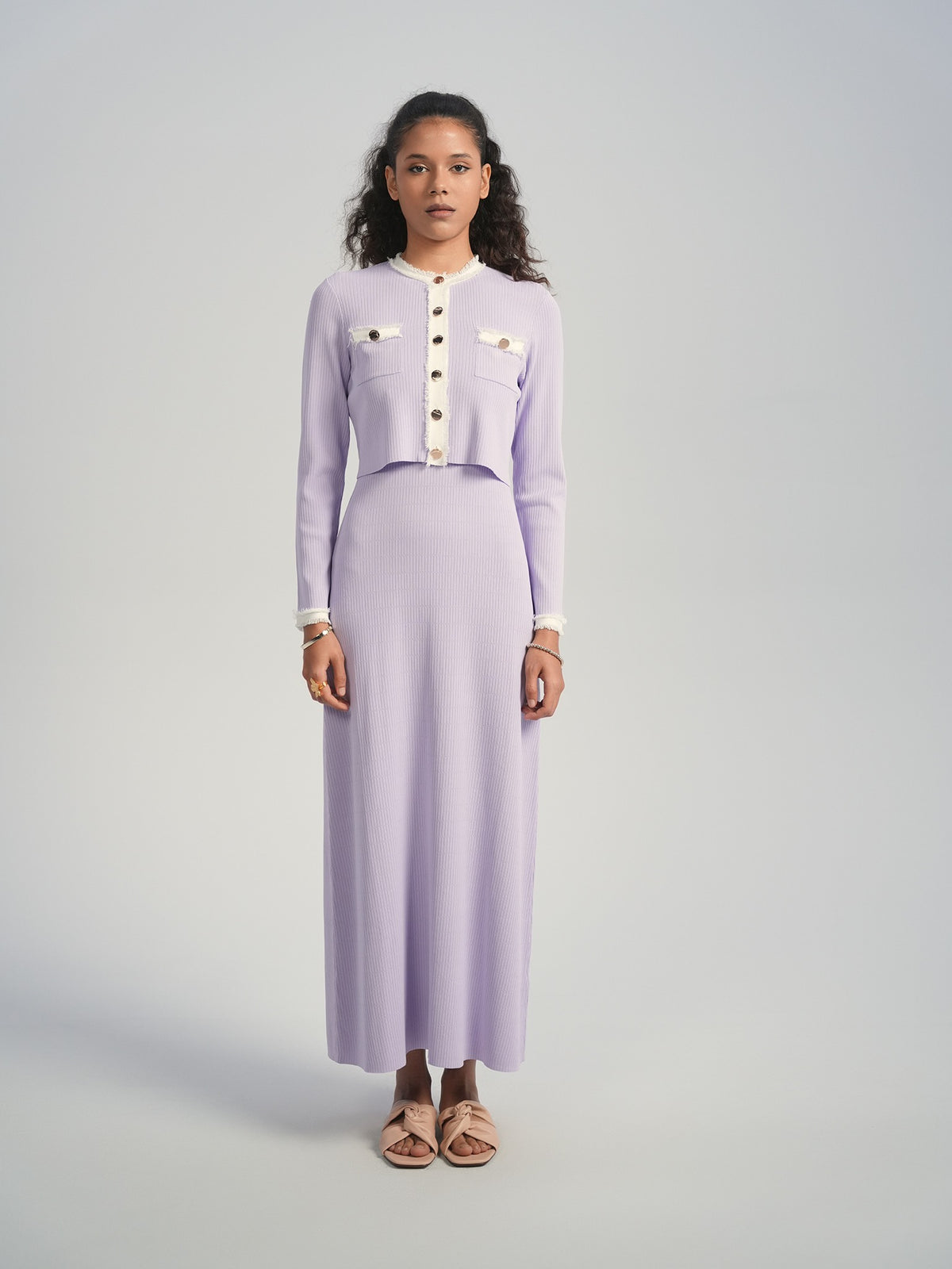 Aleeza Paris Kaito Ribbed Set – modest top in Lavender with Ivory Trim